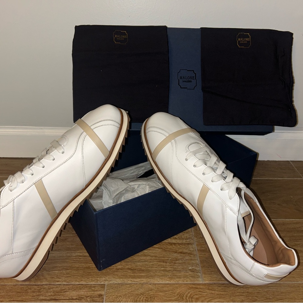 Malone Souliers White and Tan leather low trainers